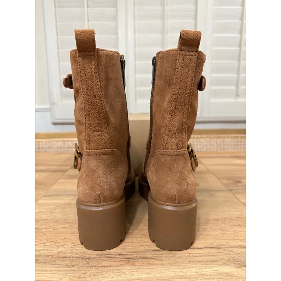 Michael Kors Perry Suede Moto Boots Luggage Camel Size 8 NWOB Chic Edgy Lug Sole - Picture 10 of 14